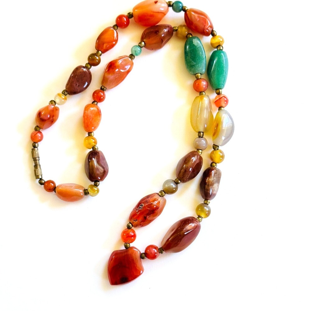 NECKLACe Agate carnelian Beggars Strand Vtg Genuine Beads Natural Hippie 22"L‎